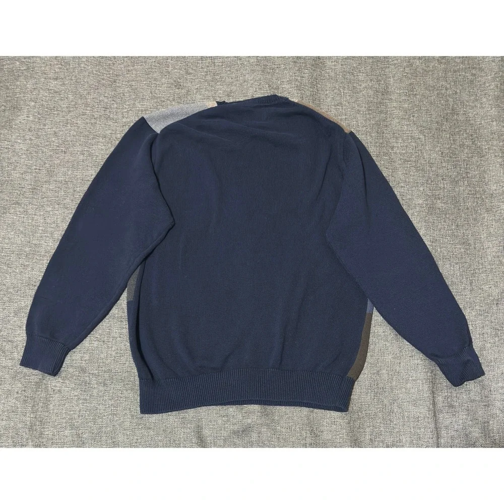 Haggar Mens Large Sweater Navy Blue Colorblock Patchwork Cotton Crew Neck
